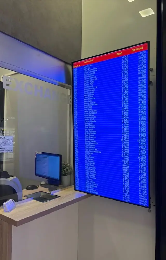 Tablica kursów walut w oknie punktu Kantor Sheikh z kolumnami Skup i Sprzedaż.